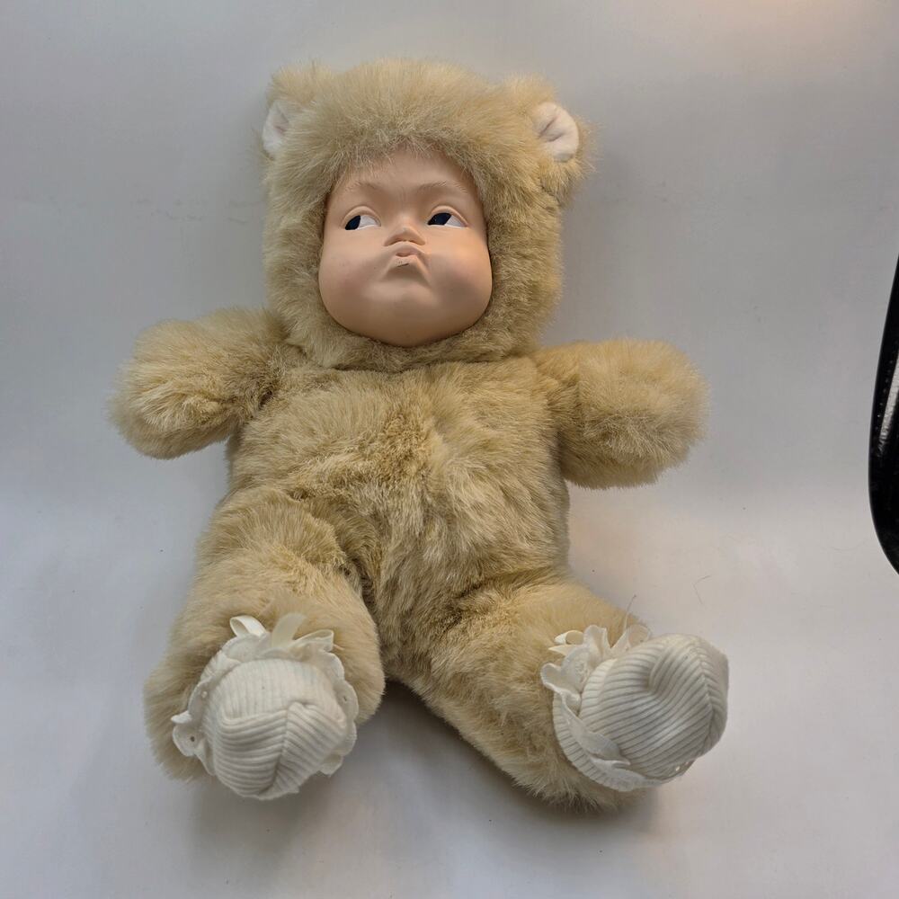 Anne Geddes 15" Baby Bear Plush Doll - 10" Sitting Pouty Face, Vintage 1990s
